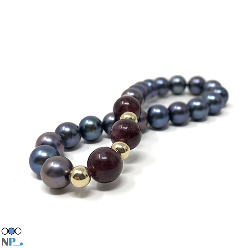 Bracciale di perle d'acqua dolce nere e pietre semipreziose naturali di granato rosso